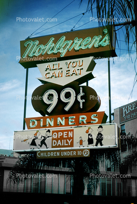 Nohlgren's Dinners, restaurant signage, June 1959, 1950s