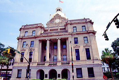 Savannah City Hall, Clock Tower, gilded Gold Dome, Flag, building, landmark