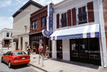 State Street Cafe, sidewalk, building, car, stores, Savannah