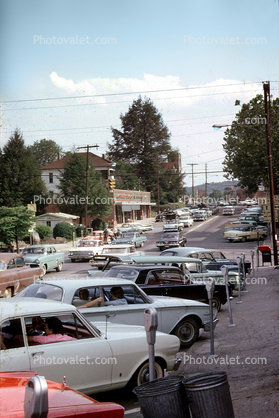 Cars, automobile, vehicle, Parking Meters, Road, Main Street, Downtown, Clayton Georgia, May 1965, 1960s