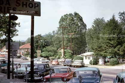 main street, automobile, vehicle, trees, downtown, town, parked cars, Clayton Georgia, May 1965, 1960s