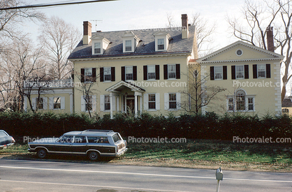 Princeton, Ford, station wagon, home, house, big, large, mansion, Building, domestic, domicile, residency, housing, Car, Automobile, Vehicle, December 1970, 1970s