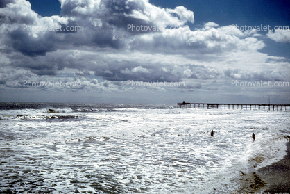 Pier, clouds, Ocean City, Atlantic Ocean, Water, Waves, Foam, coastal, coast, shoreline, seaside, coastline, 1949, 1940s