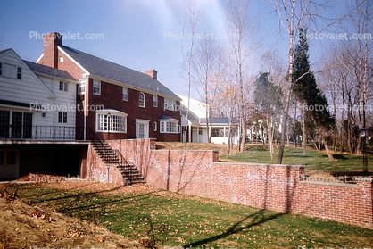 Brick wall, backyards, homes, houses, neighborhood, Franklin Lakes, 1950s