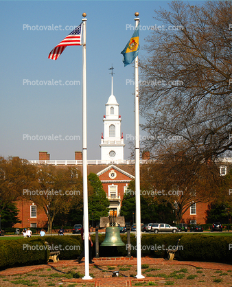 Liberty Bell replica, flagpoles, State Capitol, Dover