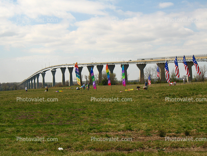 Governor Thomas Johnson Bridge, Johnstown, lawn, flags, Patuxent River, Calvert County, Panorama