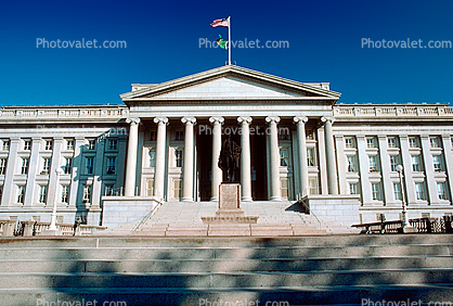 The Treasury Department Building, Alexander Hamilton Sculpture, Columns, Steps