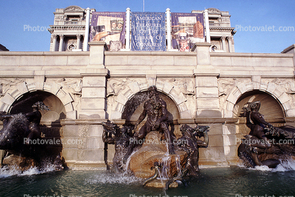 Statue, Statuary, Sculpture, Water Fountain, Library of Congress, Neptune