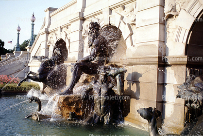 Statue, Statuary, Sculpture, Water Fountain, Library of Congress, Neptune