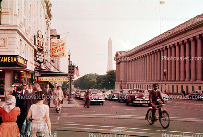 Cars, buildings, Crosswalk, Stores, May 1955, 1950s