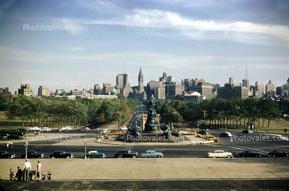 Sculpture, cars, automobile, vehicles, Statue, Philadelphia, Cityscape, Skyline, from Museum of Art, 1952, 1950s