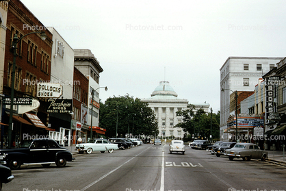 Raleigh, State Capitol, cars, automobile, vehicles, street, road, Pollocks Shoes, 1950s