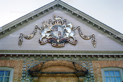 Governor's Palace Royal Court of Arms, Diev Et Mon Droit, Horses, Insignia, Unicorn, Lion, crest