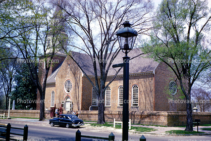 Bruton Parish Church, Steeple, Building, Episcopal parish, Cars, automobile, vehicles, 1950s