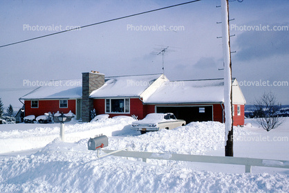 Home, House, Snowy Front Lawn, icy, car, garage, mailbox, chimney, windows, Winter, automobile, vehicle, 1960s