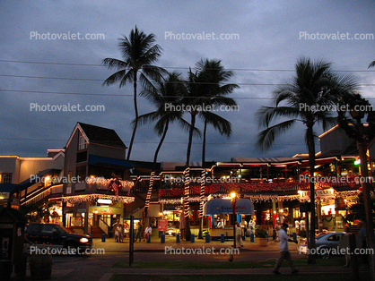 evening, shops, stores, lights, buildings, tourist