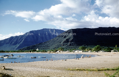 Beach, boats, mountains, Pokai Bay Beach Park, Waianae, HI   