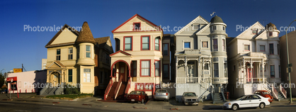 Row of Victorians, homes, houses, Oakland, Panorama