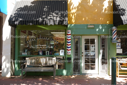 Barber Shop, Pole, Door, doorway, bench, seat, awning