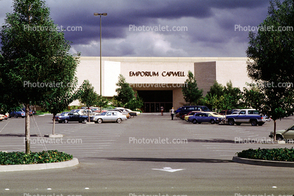 Emporium Capwell, Shopping Center, mall, building, store, cars, parking lot, empty, 1980s