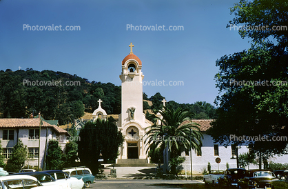 Mission San Rafael, tower, building, historical, Vehicle, Automobile, cars, June 15 1956, 1950s
