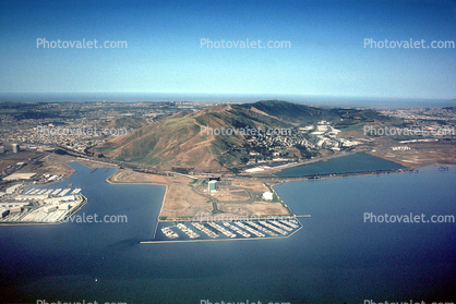 Sierra Point, South San Francisco, San Bruno Mountain, harbor, boats, docks, Marina, aircraft shadow, Bayshore Freeway, Highway 101, Brisbane