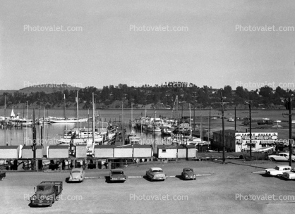 Docks, Harbor, shore, Sausalito, boats, cars, Belvedere, 1950s
