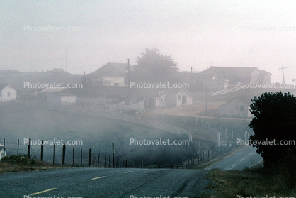 Fog, buildings, farm, road