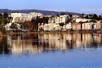 Water Reflections, buildings, apartments, hill, sunset, Lake Merritt, Tidal Lagoon, Downtown Oakland