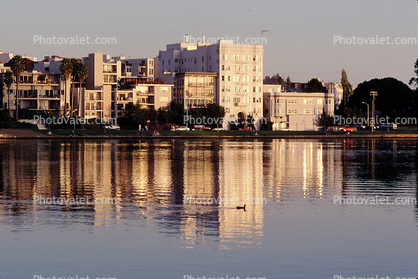 Water Reflections, buildings, apartments, hill, sunset, Lake Merritt, Tidal Lagoon, Oakland