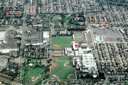 School, buildings, baseball field