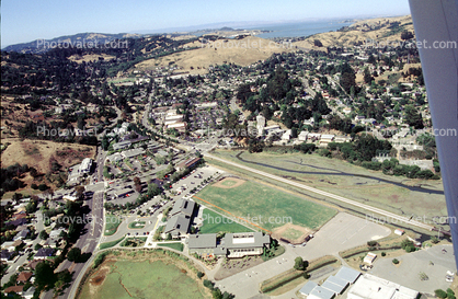 Hills, Mount Tam High School, baseball fields, slough, buildings, homes, houses, Mill Valley