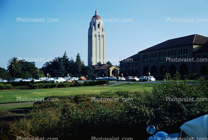 Hoover Tower, buildings, cars, Stanford University, 1950s