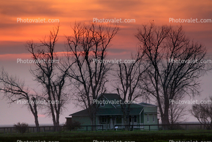 Allensworth House, home, building, bare trees, sunset, Colonel Allensworth State Historic Park, Tulare County
