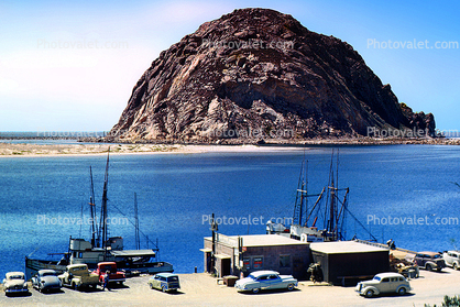 waterfront, shoreline, buildings, restaurant, Morro Rock, Landmark, cars, Car, Automobile, Vehicle, 1940s