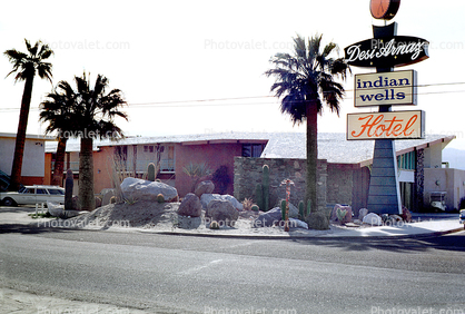 Desi Arnaz, Indian Wells Hotel, Inn, exterior, building, cactus garden, rocks, street, road, March 1960, 1960s