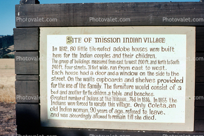 Site of the Mission Indian Village, Mission Santa Ines, signage, Solvang, 1981, 1980s