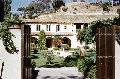 San Buenventura Mission building, garden, October 1956, 1950s