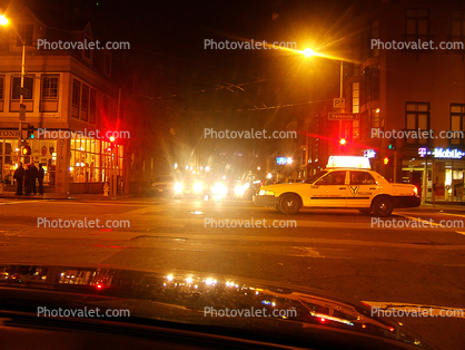 17th street and Dolores, Taxi Cab, street, lights, Night, nightime, Exterior, Outdoors, Outside, Nighttime