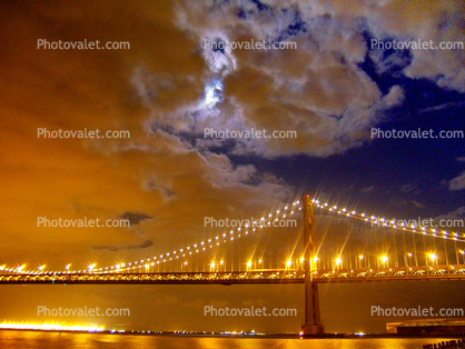 San Francisco Oakland Bay Bridge, full moon, night, moonlight