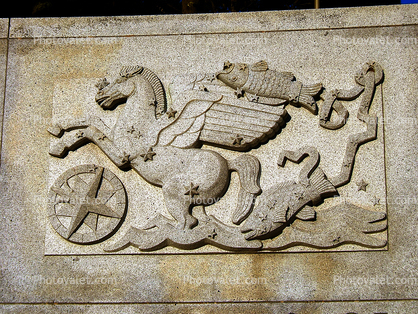 Presidio, Pegasus, flying fish, compass, sea, horse, detail, World War II Memorial, WWII, WW2, bas-relief