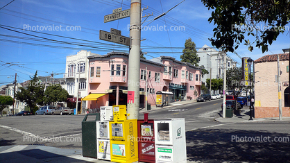 Newspaper Stands, corner, buildings, Connecticut and 18th Streets, Potrero Hill