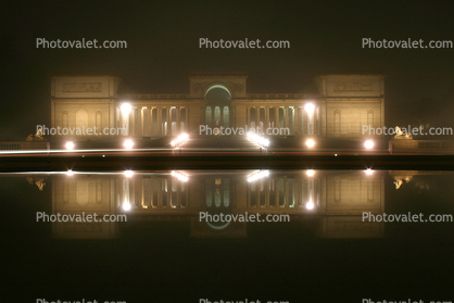 Palace of Legion of Honor, reflection, pond, building, fog, night