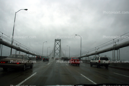 rain, rainy, cables, San Francisco Oakland Bay Bridge, Westbound