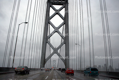 rain, rainy, cables, San Francisco Oakland Bay Bridge, Westbound