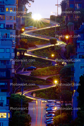 Lombard Street, Twilight, Dusk, Dawn, Panorama, Hairpin Turns, Switchback, S-curve, curviest, homes, houses, buildings