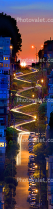 Lombard Street, Panorama, Twilight, Dusk, Dawn, Hairpin Turns, Switchback, S-curve, curviest, homes, houses, buildings, Parked Cars