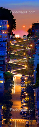 Lombard Street, Panorama, Twilight, Dusk, Dawn, Hairpin Turns, Switchback, S-curve, curviest, homes, houses, buildings