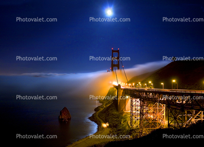 The moon and the fog paint a story of magical milky light upon the Golden Gate Bridge, Twilight, Dusk, Dawn