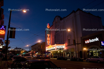 Castro Theater, Castro District, Twilight, Dusk, Dawn, cars